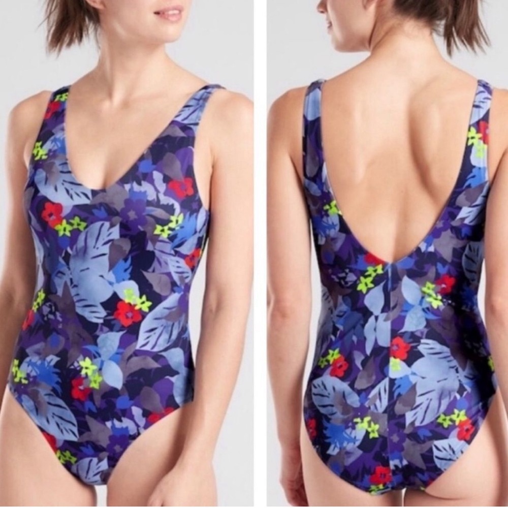 Athleta Twilight Tropic V-Neck One Piece Swimsuit Purple Floral